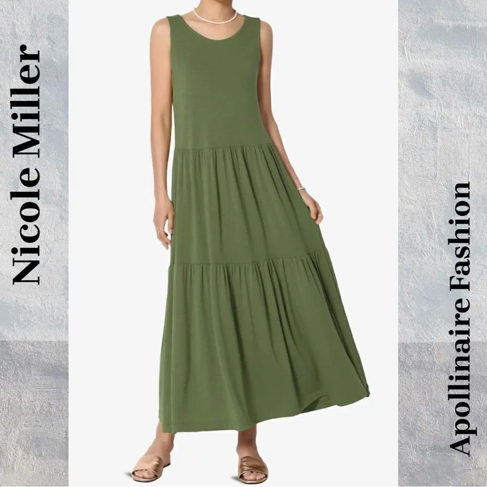 NICOLE MILLER TIERED MIDI DRESS IN OLIVE SMALL NWT